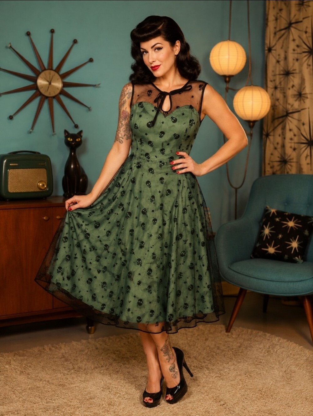 Retrolicious Green Mesh Fit-&-Flare Dress with Black Skull Print
